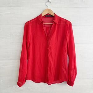 Outback Red - Red-orange black polka dot sheer v-neck button up shirt, S